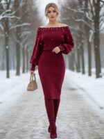 Rochie Midi Tricotata Monalise Grena cu Perle - imagine 4