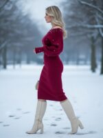 Rochie Midi Tricotata Monalise Grena cu Perle - imagine 3