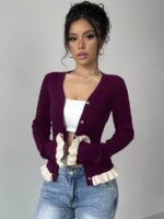 Pulover Tricotat Bristol Violet cu Nasturi - imagine 3