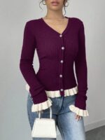 Pulover Tricotat Bristol Violet cu Nasturi