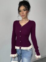 Pulover Tricotat Bristol Violet cu Nasturi - imagine 4