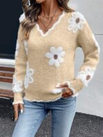 Pulover Tricotat Alexia Crem cu Flori Albe - imagine 3