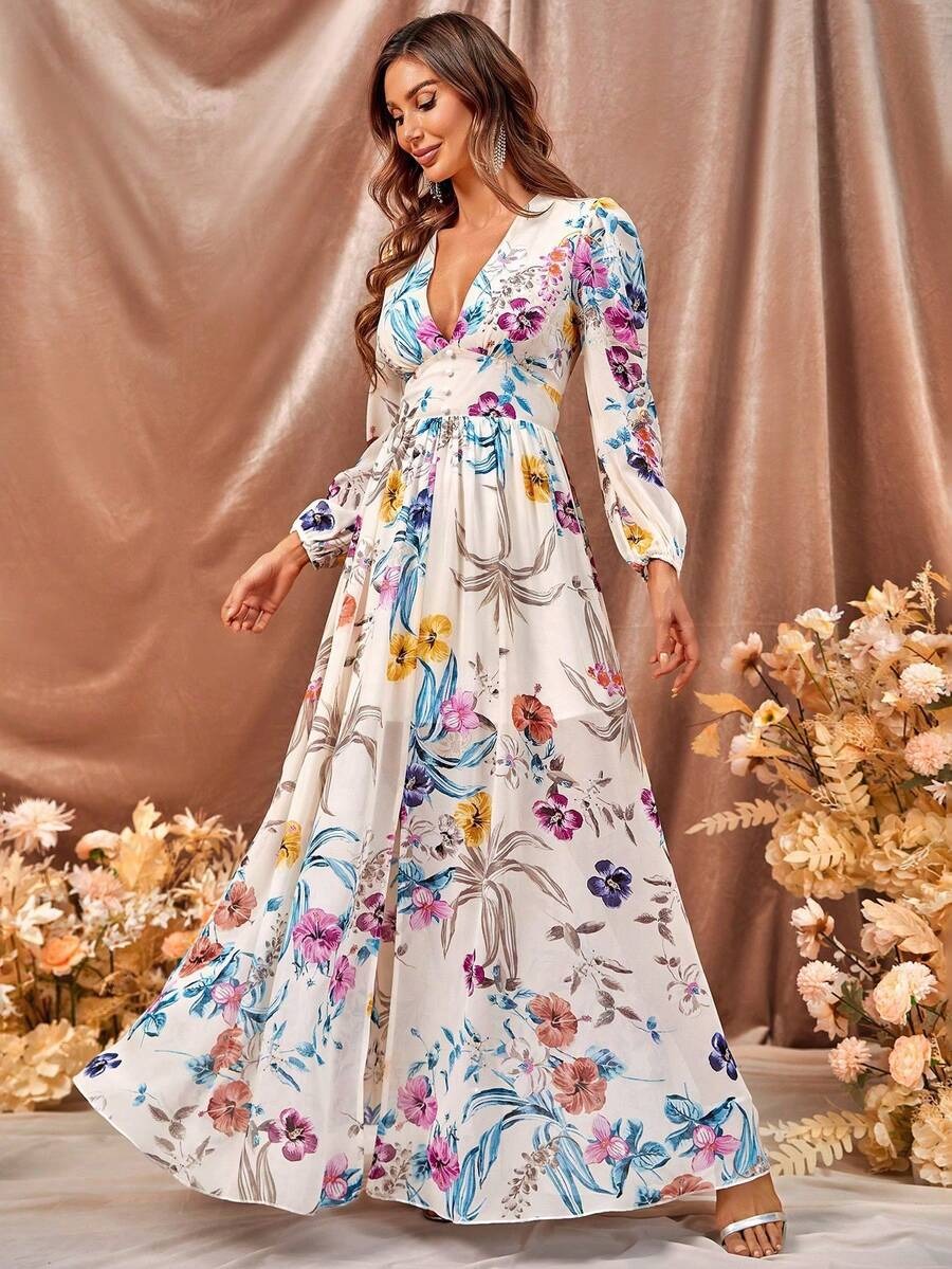 7 Rochie Lunga Didina Alba cu Flori Multicolore - imagine 1