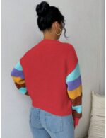 Pulover Tricotat Denisa Rosu cu Dungi Multicolore - imagine 2