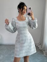 Rochie Scurta Serda Alba cu Print Geometric Gri