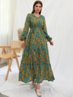 Rochie Lunga Meda Verde cu Print Floral Galben