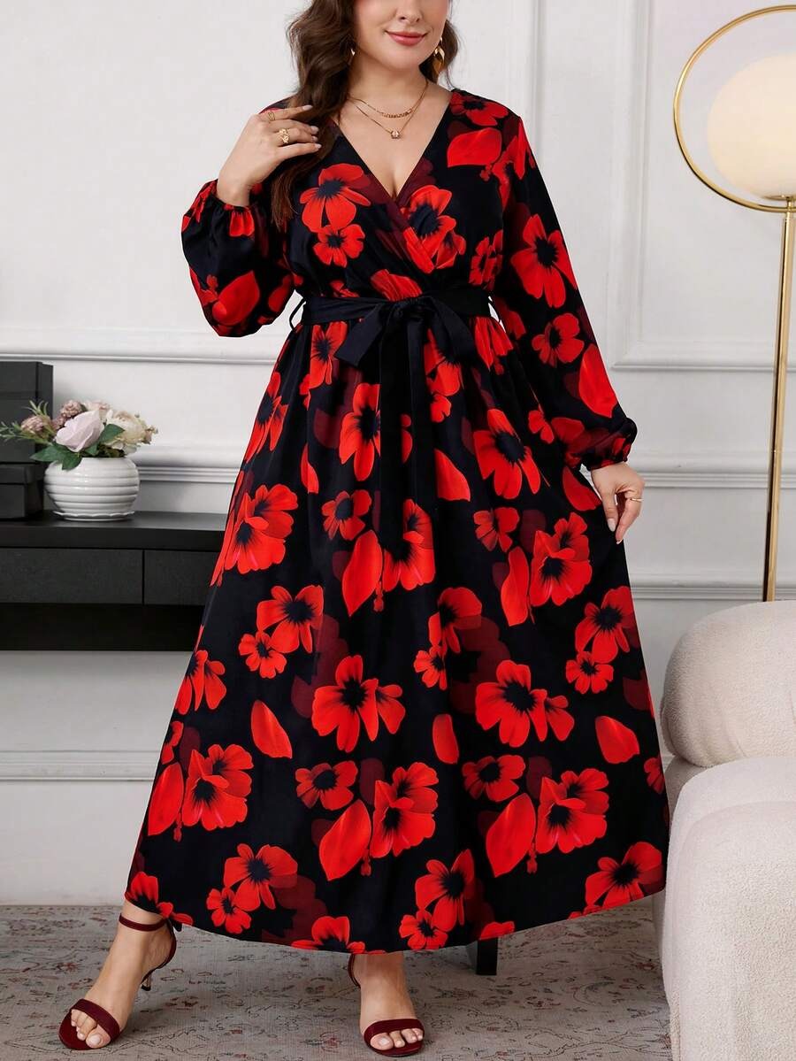 11 Rochie Lunga Donna Neagra cu Print Floral Rosu - Marimi Mari - imagine 1