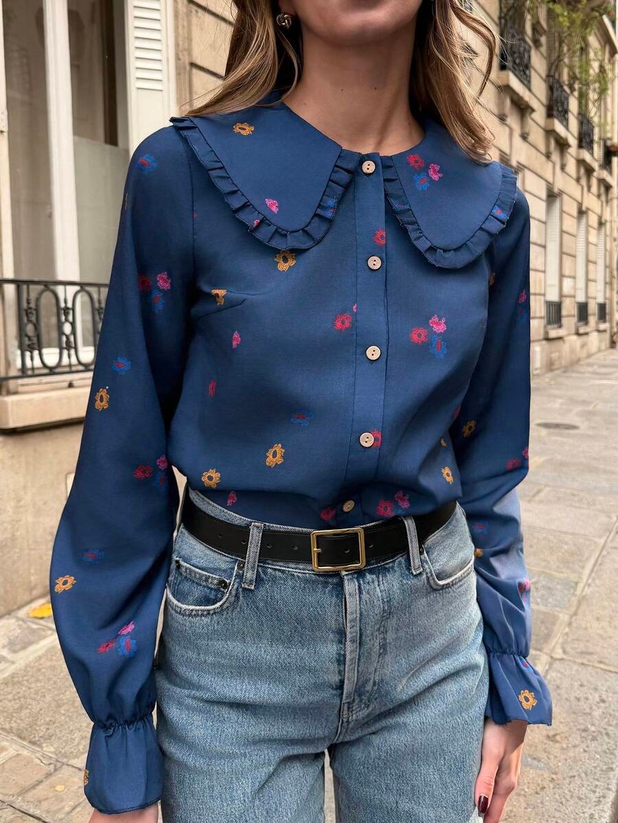 13 Bluza Dama Mirela Bleumarin Inflorata - imagine 1