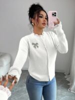 Pulover Tricotat Ludmila Alb cu Nasturi