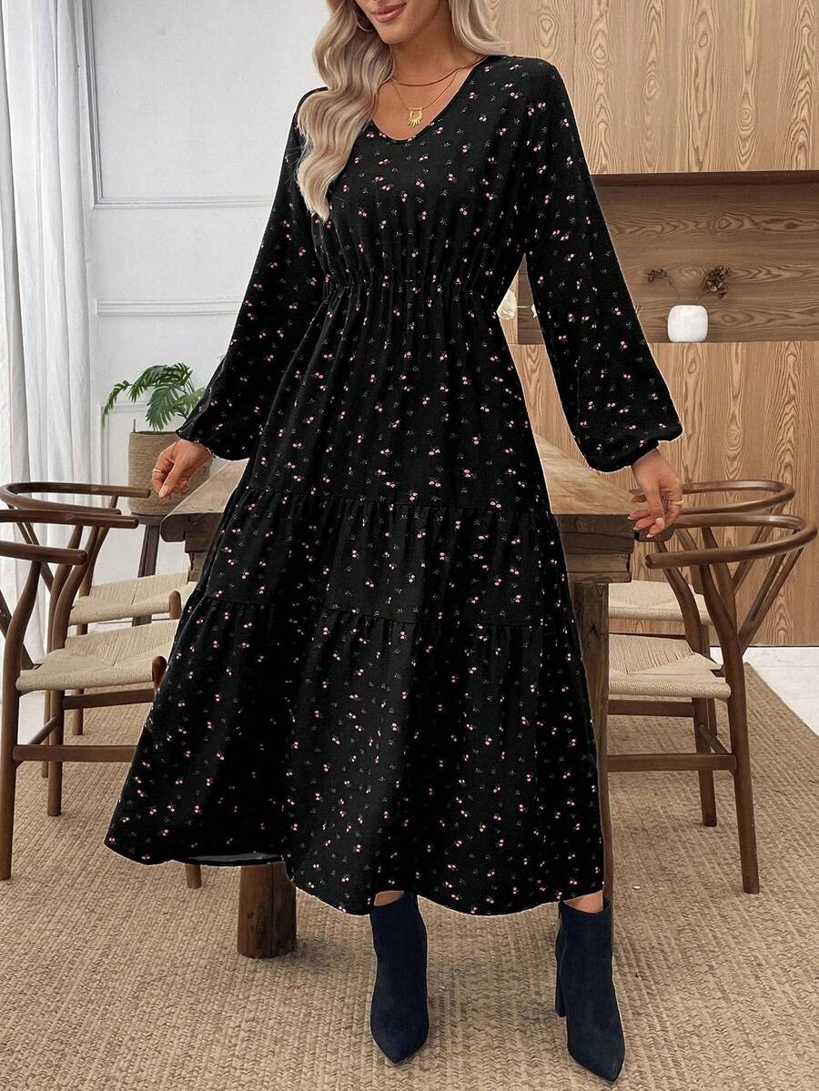 16 Rochie Midi Lussa Neagra cu Print Floral Roz - imagine 1