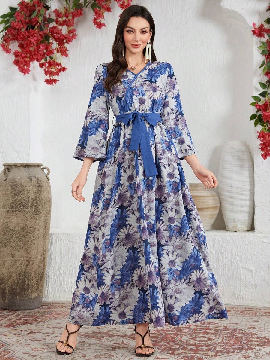 18 Rochie Lunga Sisko Albastra cu Print Floral Alb - imagine 1