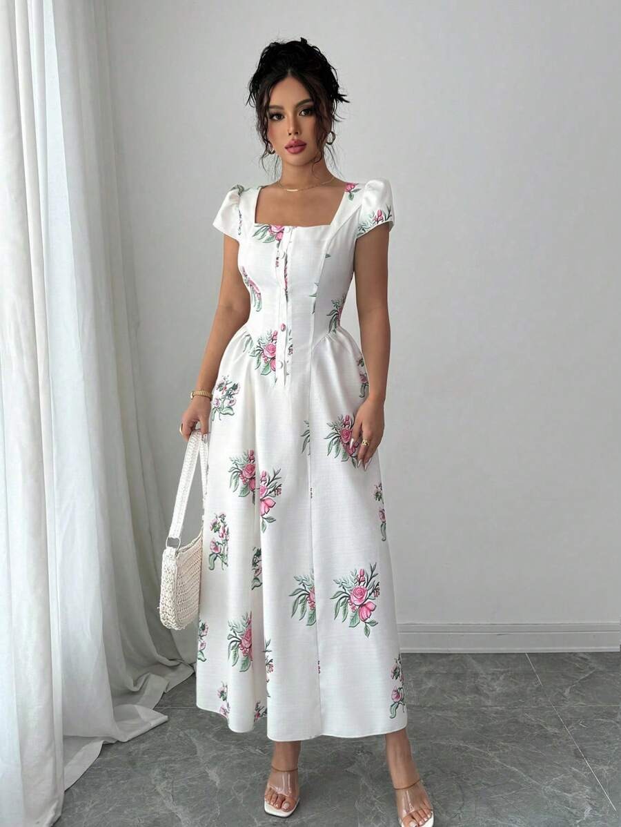 19 Rochie Lunga Mildred Alba cu Print Floral Roz - imagine 1