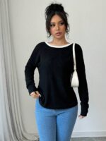 Bluza Dama Corina Neagra cu Funde Crem - imagine 3