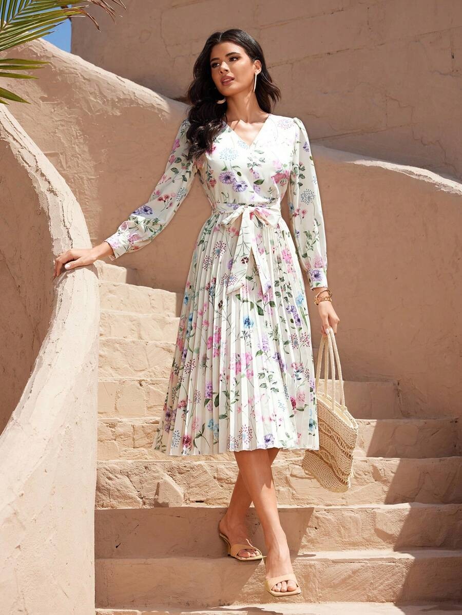 22 Rochie Midi Serada Alba cu Print Floral Multicolor - imagine 1