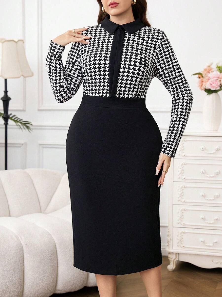 24 Rochie Midi Surissa Neagra cu Print Geometric Alb - Marimi Mari - imagine 1