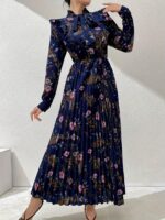 Rochie Lunga Eliss Bleumarin cu Print Floral Roz - imagine 4