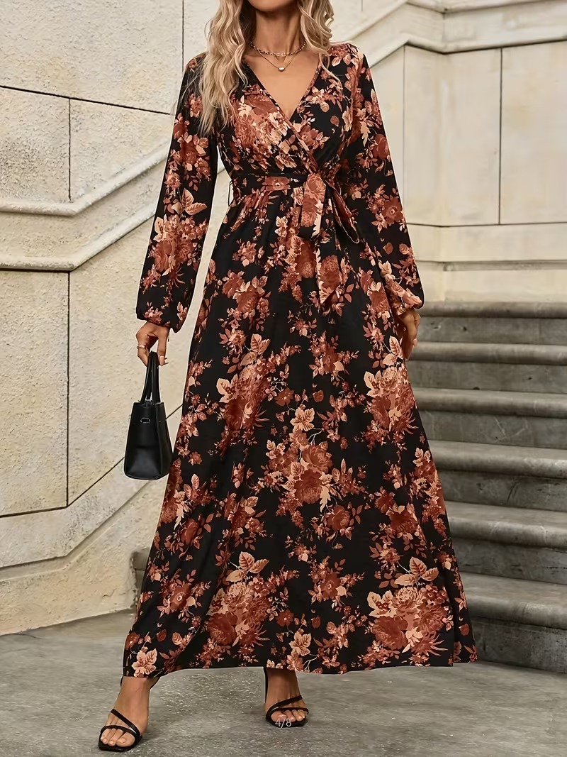 3 Rochie Lunga Asra Neagra cu Print Floral Maro - imagine 1