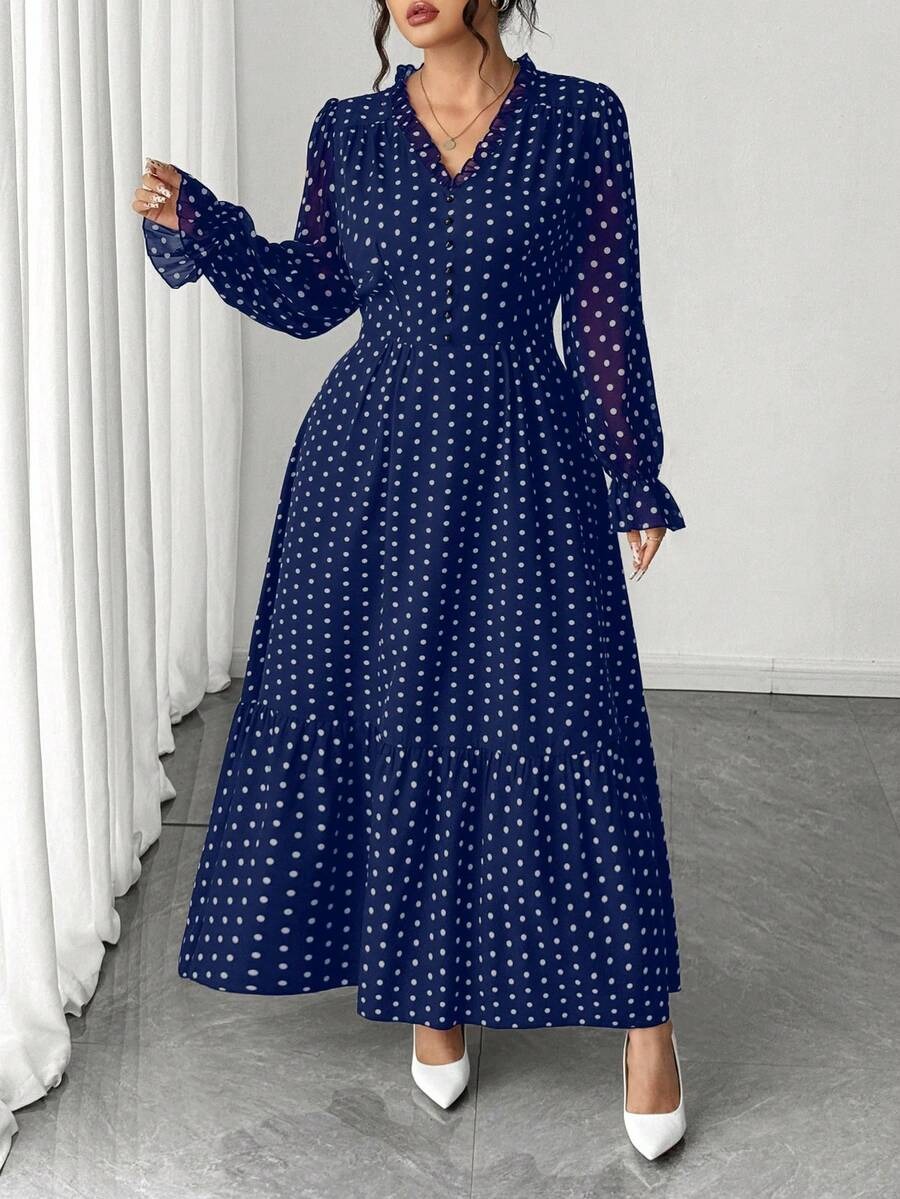 30 Rochie Lunga Narda Bleumarin cu Buline Albe - Marimi Mari - imagine 1