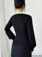 Cardigan Tricotat Anka Negru cu Funda Alba - imagine 2