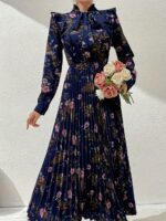 Rochie Lunga Eliss Bleumarin cu Print Floral Roz - imagine 3