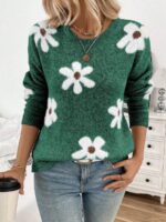Pulover Tricotat Sabrina Verde cu Flori Albe