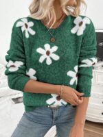 Pulover Tricotat Sabrina Verde cu Flori Albe - imagine 3