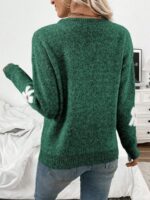 Pulover Tricotat Sabrina Verde cu Flori Albe - imagine 2