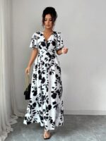Rochie Lunga Barbara Alba cu Print Floral Negru