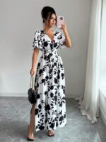 Rochie Lunga Barbara Alba cu Print Floral Negru - imagine 3