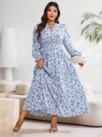 Rochie Lunga Felly Alba cu Print Floral Albastru- Marimi Mari