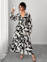 Rochie Lunga Catinca Alba cu Print Negru Plisata - Marimi Mari - imagine 4