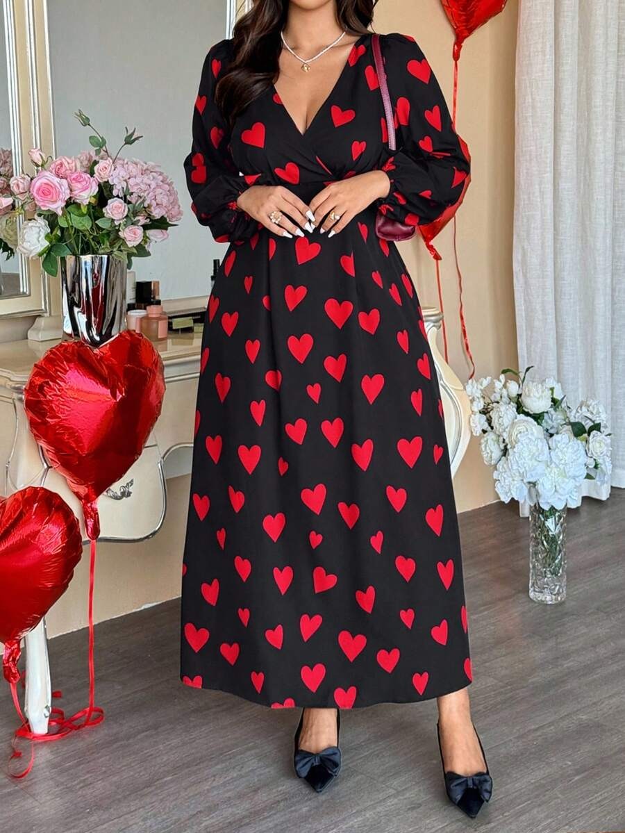 5 Rochie Lunga Emma Neagra cu Inimi Rosii - Marimi Mari - imagine 1