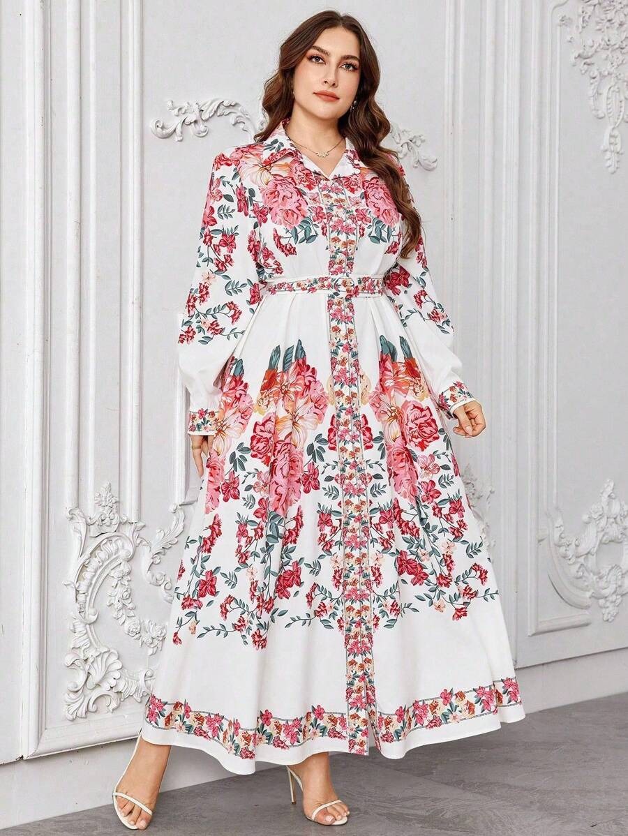 56 Rochie Lunga Anda Alba cu Print Floral Roz - Marimi Mari - imagine 1