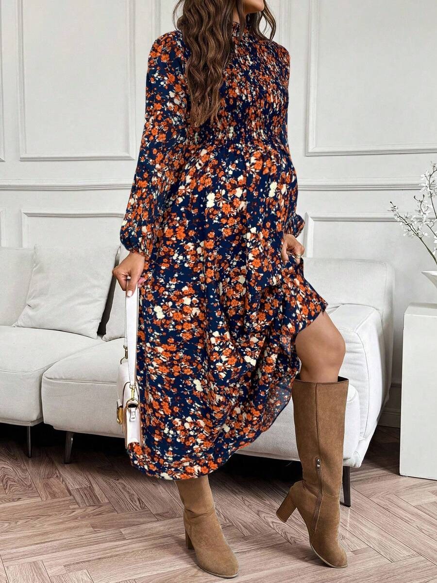 6 Rochie Midi Rahela de Maternitate Bleumarin Inflorata - imagine 1