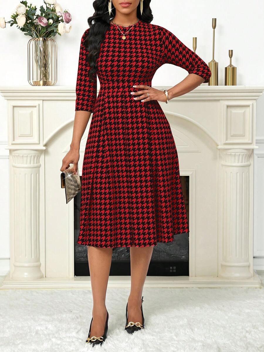 6 Rochie Midi Mioara Rosie cu Print Geometric Negru - imagine 1