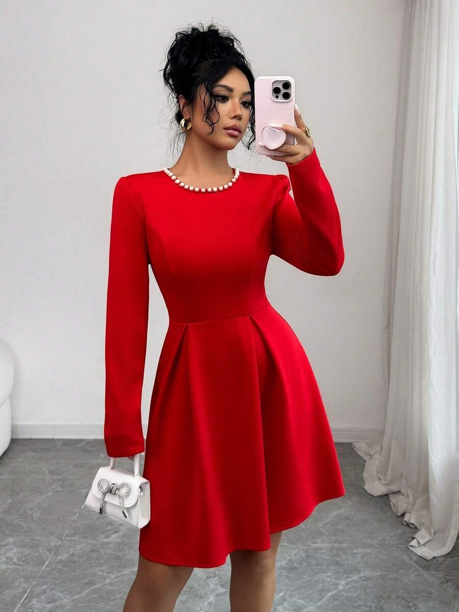 64 Rochie Scurta Anyta Rosie cu Perle - imagine 1