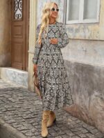 Rochie Midi Linna Neagra cu Print Crem - imagine 3