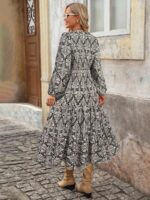 Rochie Midi Linna Neagra cu Print Crem - imagine 2