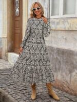 Rochie Midi Linna Neagra cu Print Crem