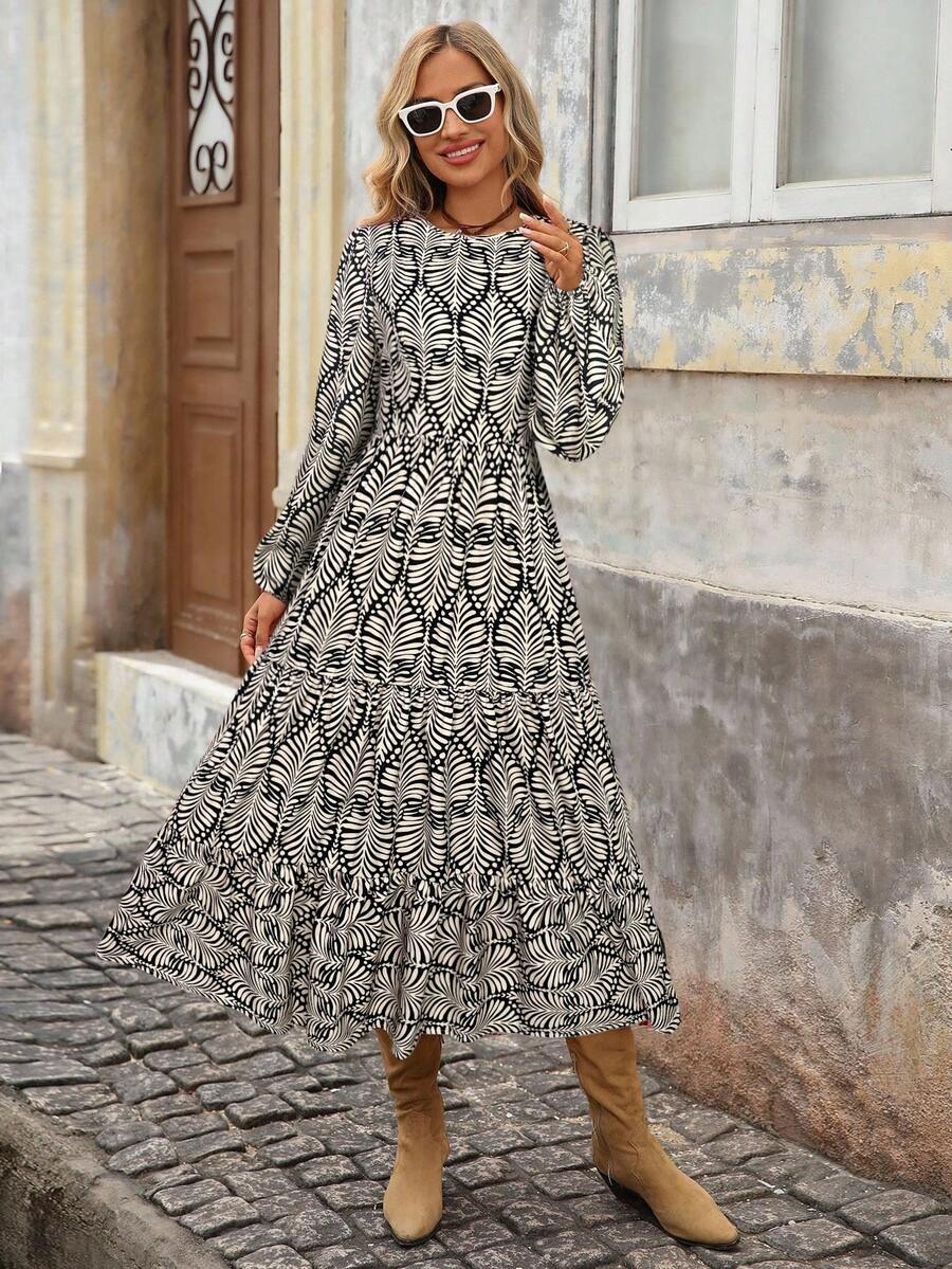 69 Rochie Midi Linna Neagra cu Print Crem - imagine 1