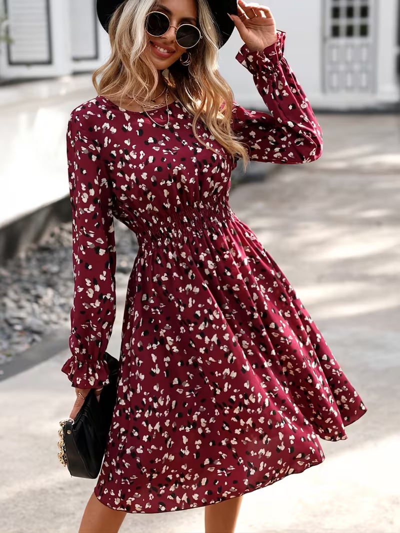 7 Rochie Scurta Layla Grena cu Print Alb si Negru - imagine 1