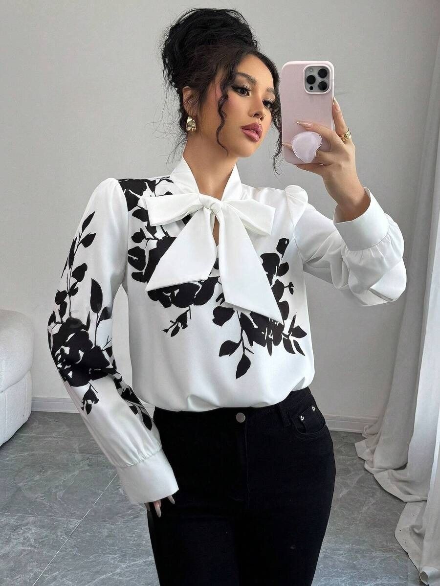 8 Camasa Dama Rodia Alba cu Print Floral Negru - imagine 1