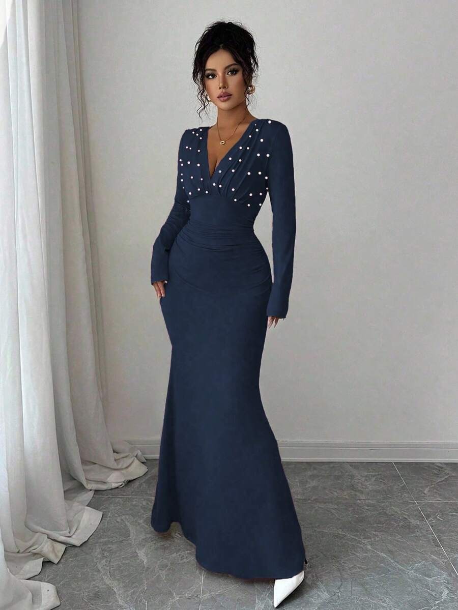 90 Rochie Lunga Litzy Bleumarin cu Perle - imagine 1