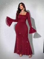 Rochie Lunga Oriana Grena cu Perle - Marimi Mari