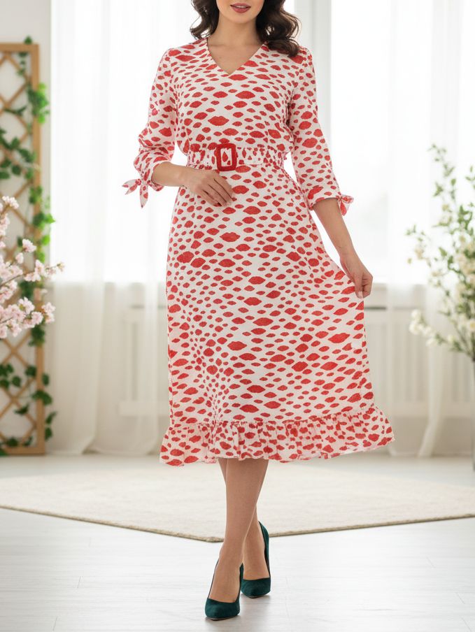 1018 Rochie Midi cu volane Nudemi Alba cu buze rosii - imagine 1