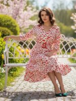 Rochie Midi cu volane Nudemi Alba cu buze rosii - imagine 4