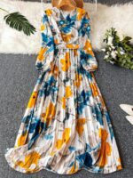 Rochie Lunga Criselda Alba cu Print Floral Galben si Albastru - imagine 2