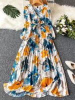 Rochie Lunga Criselda Alba cu Print Floral Galben si Albastru