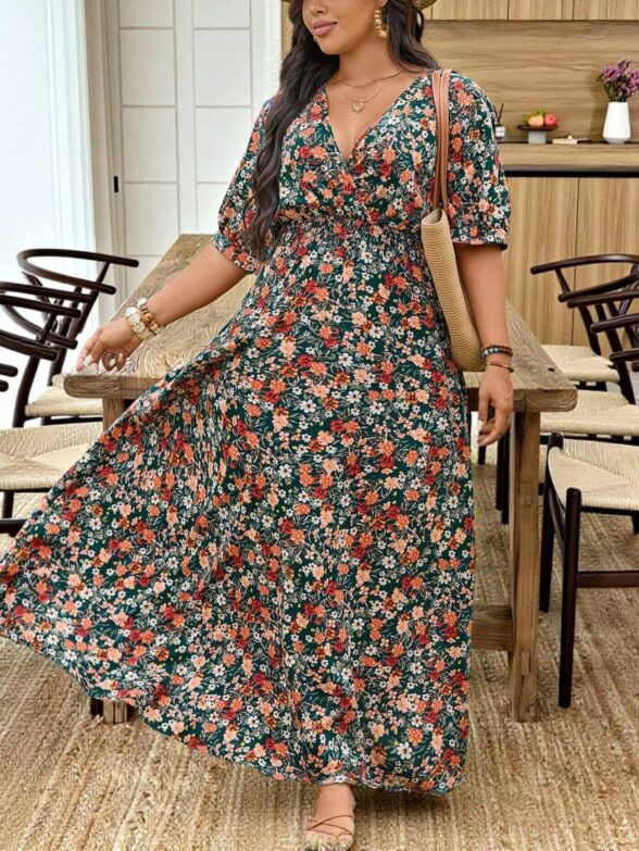 Rochie Lunga Cadria Verde Inflorata - Marimi Mari