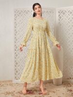 Rochie Lunga Vira Alba cu Print Floral Galben